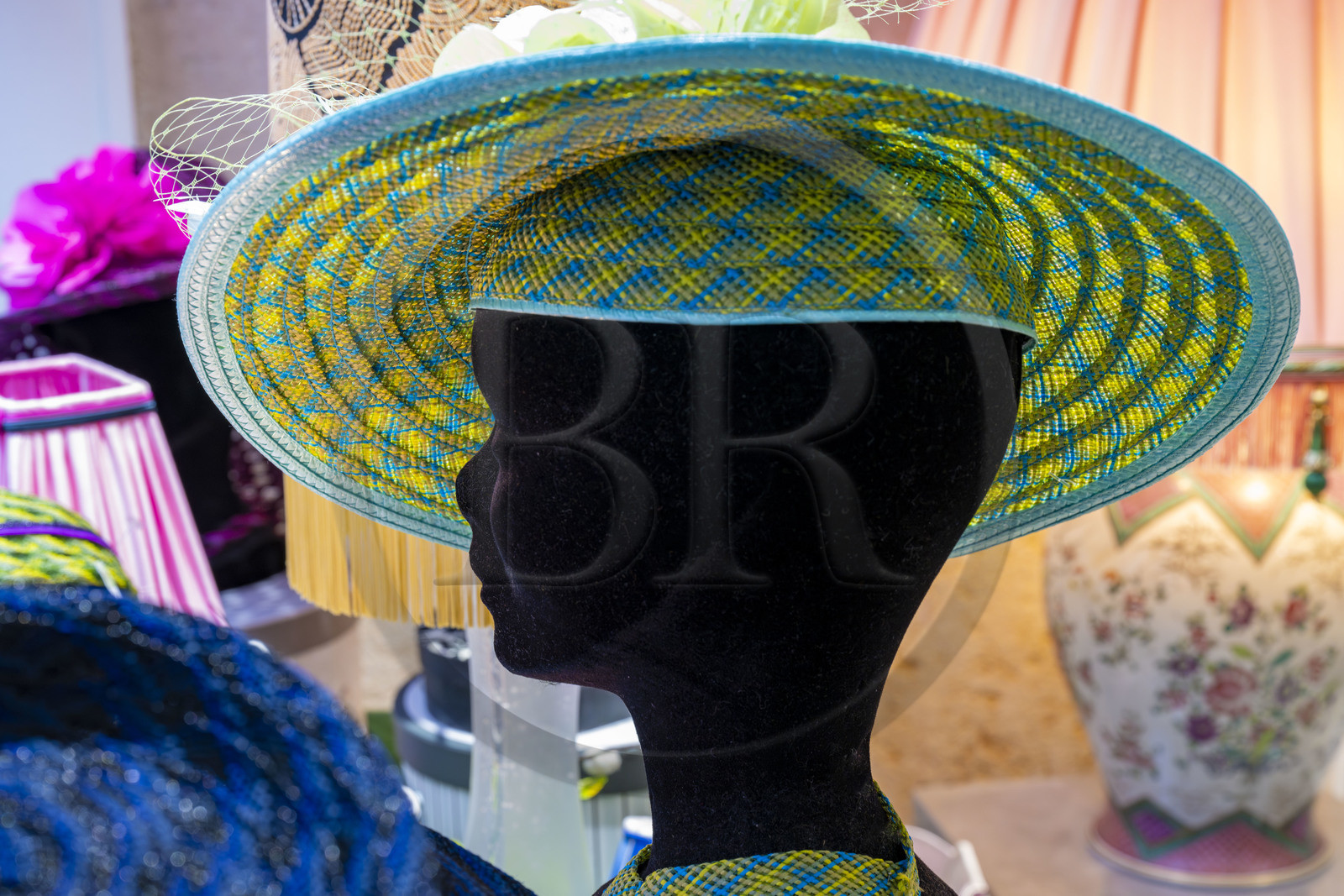 France, Cote d'Or, Dijon, woman's hat in the workshop-boutique on rue d'Assas Bibi & Bob of milliner Sara Tintinger, Meilleur Ouvrier de France