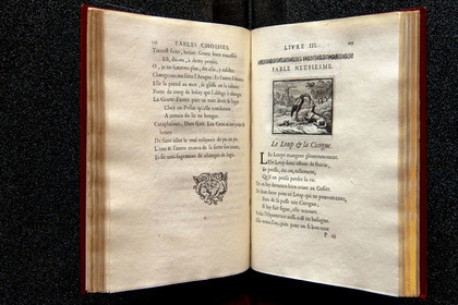 France, Aisne, Château-Thierry, Jean de La Fontaine Museum - city of Chateau-Thierry, first edition of the La Fontaine's Fables book, Edition Claude Barbin and Denys Thierry, 1668, in-4, illustrated by François Chauveau, The Wolf and the Stork fable IX from book III