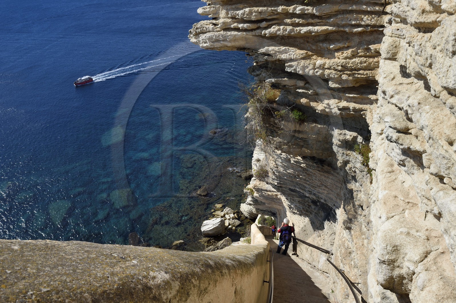 France, Corse du Sud, Bonifacio, the staircase of the King of Aragon sculpted in the limestone cliffs