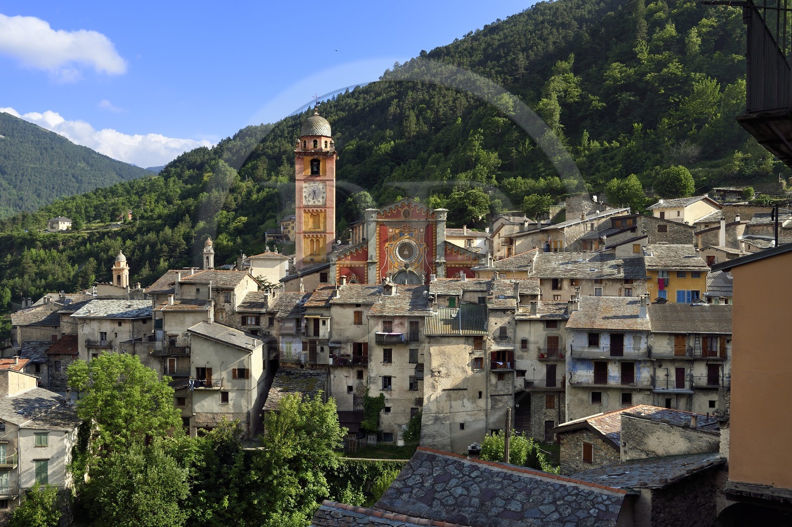 France, Alpes-Maritimes (06), vallée de la Roya (arrière-pays niçois), au pied du parc national du Mercantour, Tende, la collégiale Notre Dame de l'Assomption dans un enchevetrement de toits en lauze
