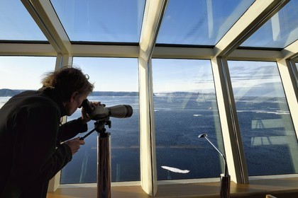 Groenland, cote Nord-Ouest, Smith sound au nord de la baie de Baffin, le bateau de croisière MS Fram de la compagnie Hurtigruten, passager observant la banquise depuis la salle panoramique
