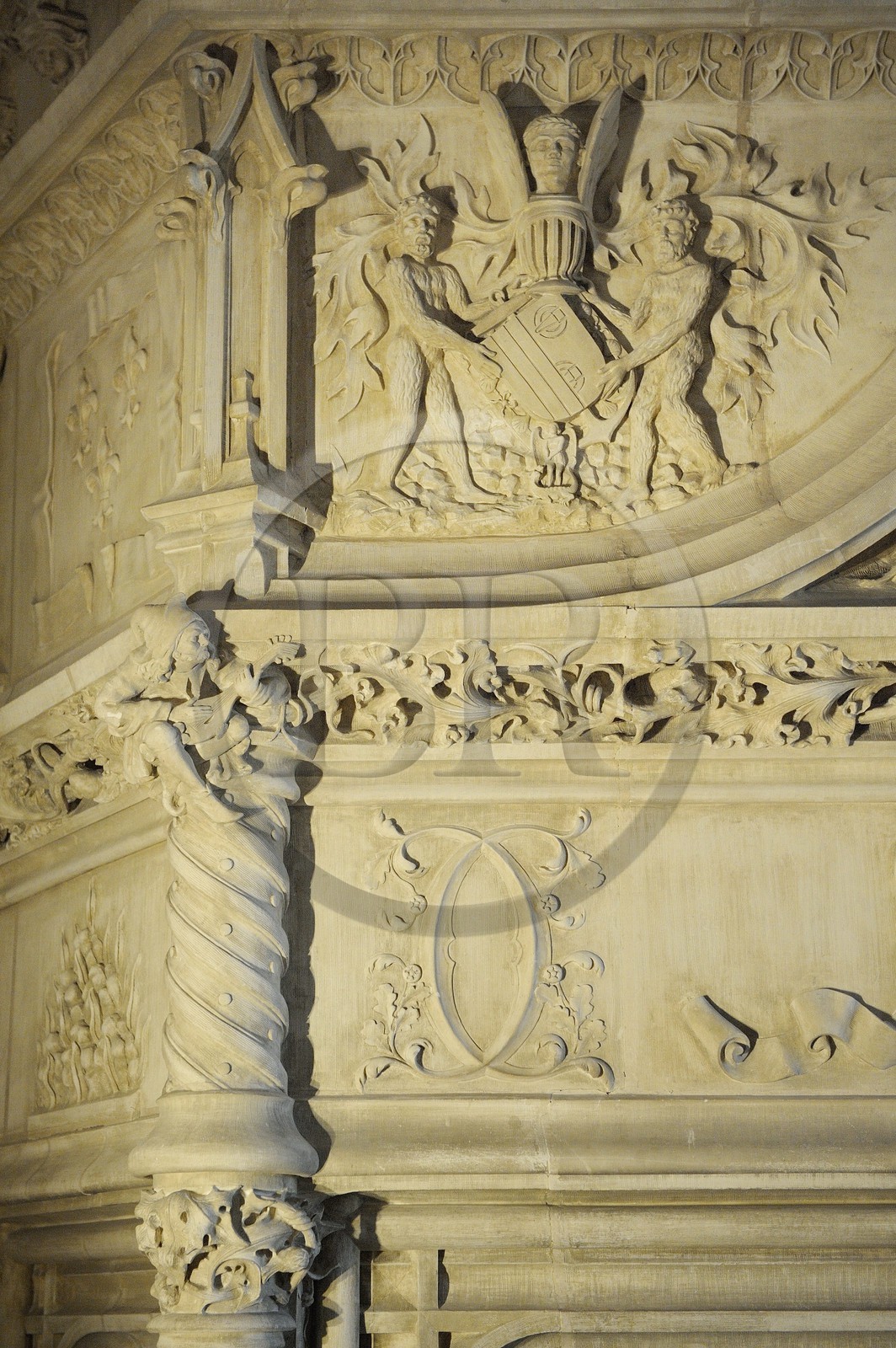 France, Loir-et-Cher (41), Vallée de la Loire classée Patrimoine Mondial de l'UNESCO, château de Chaumont-sur-Loire, la salle à manger, détail de la cheminée avec le blason 2D de Dianne de Poitiers