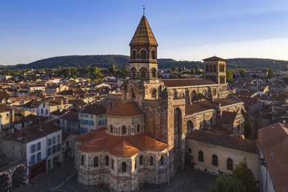 France, Haute Loire, Brioude, the Basilica of Saint-Julien de Brioude in Auvergne Romanesque style (aerial view)