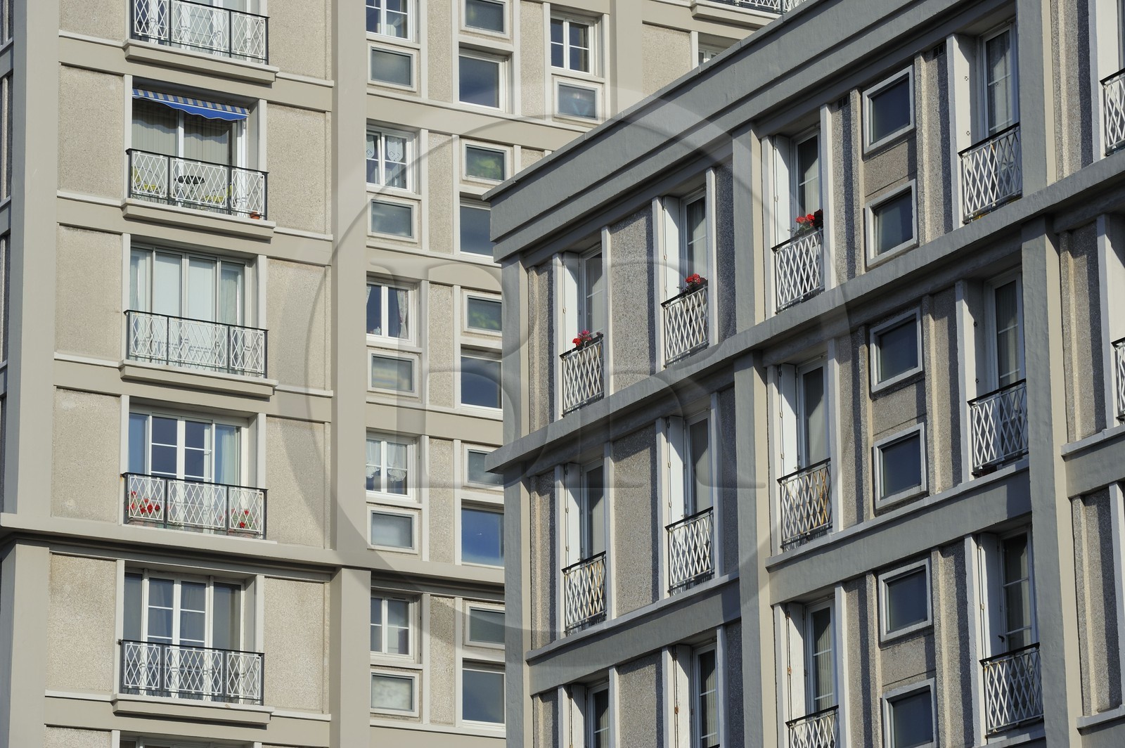 France, Seine Maritime, Le Havre, Downtown rebuilt by Auguste Perret listed as World Heritage by UNESCO, detail of the facade of the Perret buildings of Porte Océane (Ocean Gate) at the end of the Avenue Foch