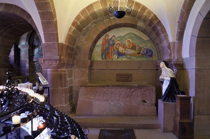 France, Bas Rhin, Mont Saint Odile, Mont Sainte-Odile Abbey also known as Hohenburg Abbey, chapel of the cross, on the right Saint Odile praying for the repose of the soul of her father, Duke Adalric who lay in the sarcophagus in the center