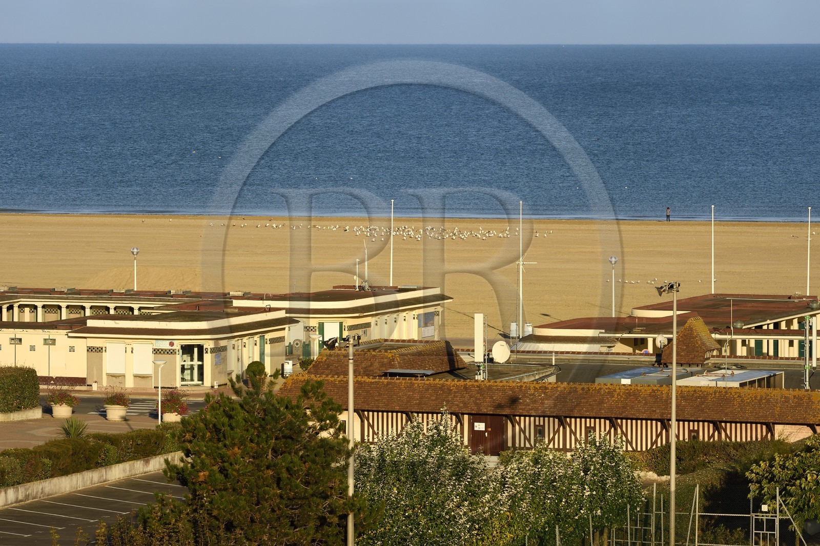 France, Calvados, Pays d'Auge, Deauville, establishment of the Pompeian Baths Art Deco style bordering the bathing cabins on the beach
