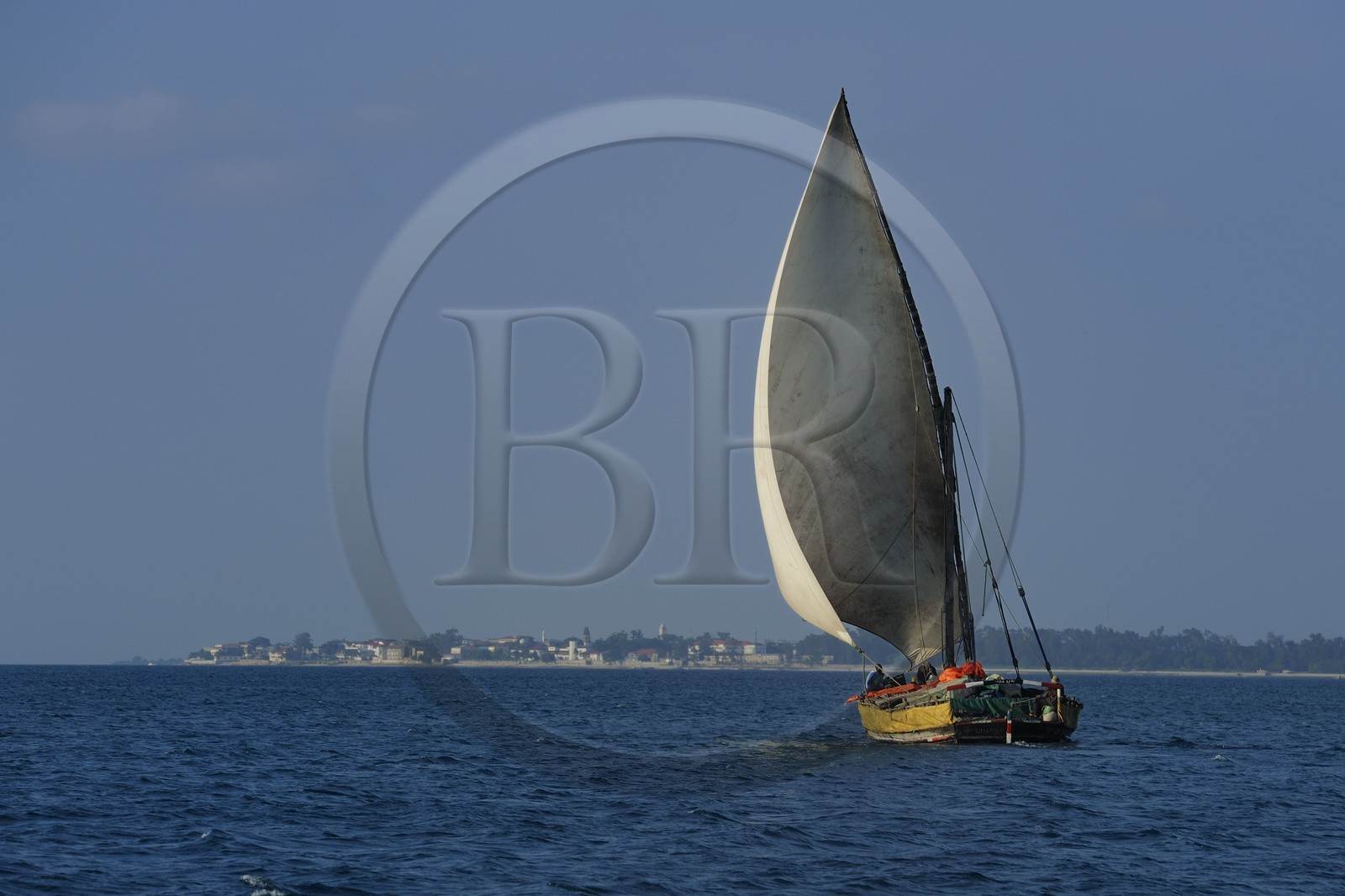 Tanzanie, archipel de Zanzibar, île de Unguja (Zanzibar), côte ouest, un dhow (boutre traditionnel)  naviguant vers Stone Town