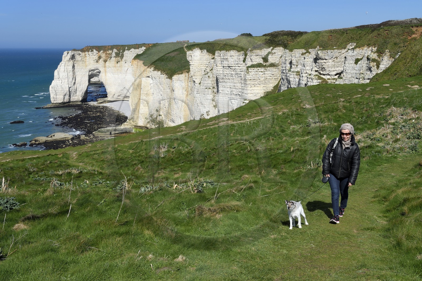 France, Seine-Maritime (76), Pays de Caux, Côte d'Albâtre, Etretat, la Manneporte vue depuis la pointe de la Courtine