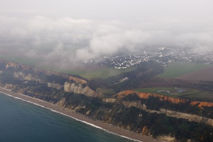 France, Seine-Maritime, Pays de Caux, Cote d'Albatre, housing estates over the cliffs north of Le Havre (aerial view)