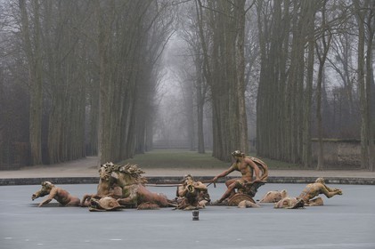France, Yvelines (78), château de Versailles, classé Patrimoine Mondial de l'UNESCO, le bassin d' Apollon dans la brume hivernale