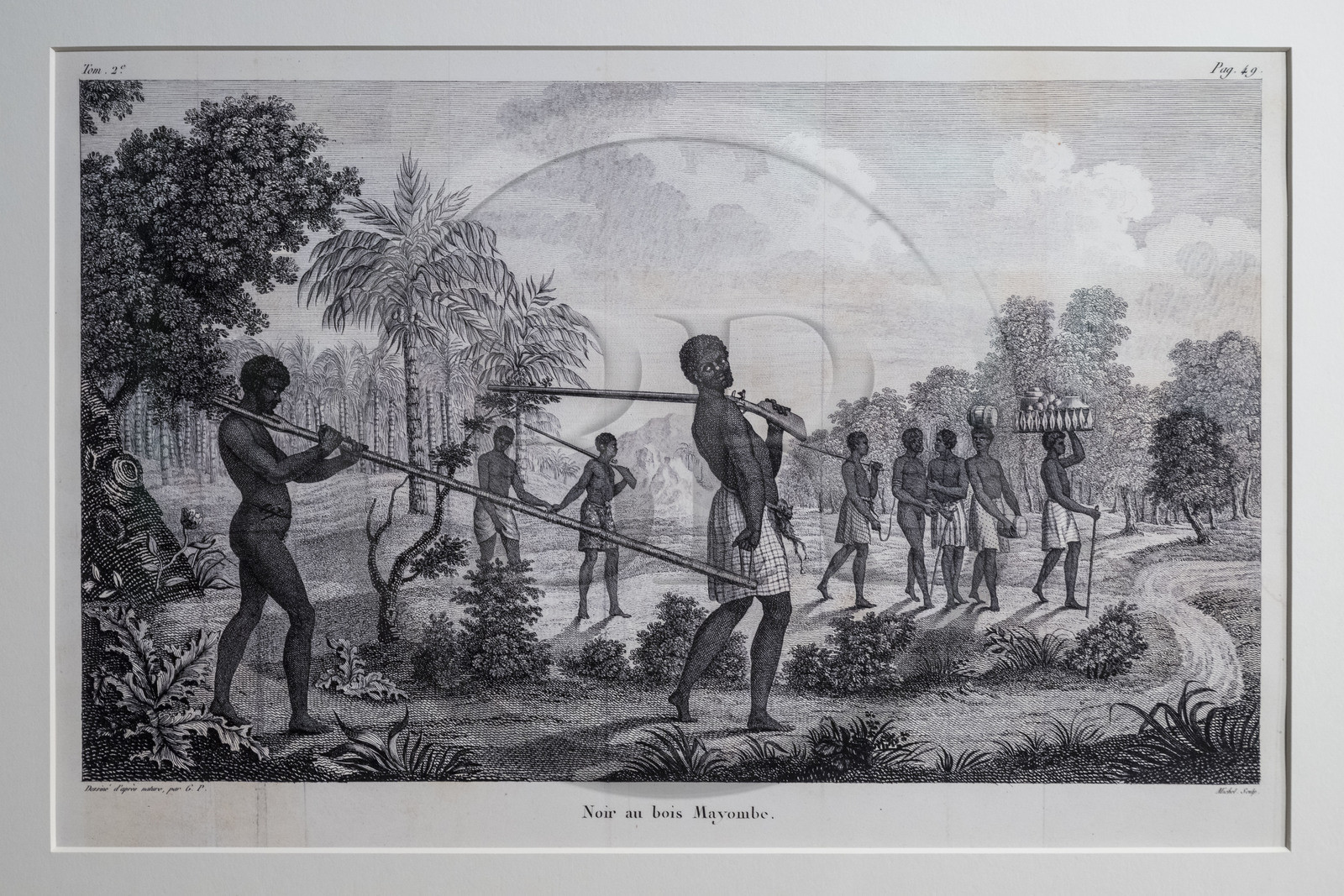 France, Loire-Atlantique (44), Nantes, quartier du Bouffay, le chateau des Ducs de Bretagne, Musée d'histoire de Nantes, salles consacrées à la traite négrière, gravure (1801) représentant un captif maintenu par un carcan autour du coup appelé Bois Mayombe