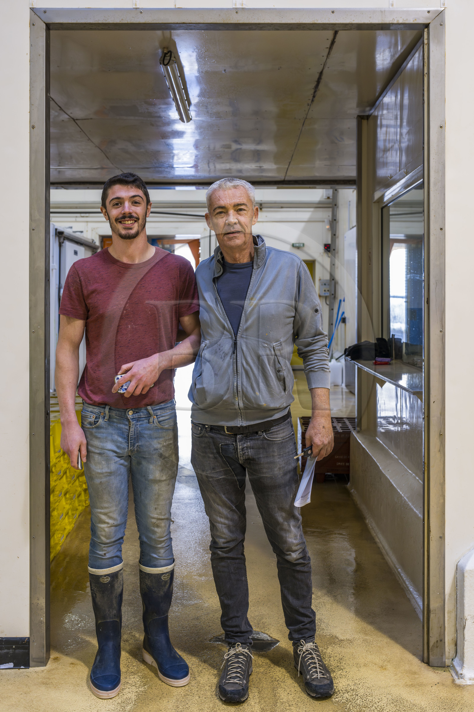 France, Charente-Maritime (17), La Rochelle, Port de pêche de Chef de Baie, la halle à marée (criée) qui accueille aussi les entreprises de mareyage, le mareyeur Stephane Boutin et son fils Alex