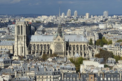 France, Paris (75), Ile de la Cité, la cathédrale Notre-Dame, le chevet et la flèche domine les statues de cuivre vert-de-grisé des douze apôtres avec les symboles des quatre évangélistes