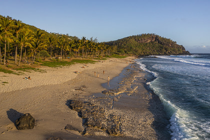 France, Ile de la Reunion, Petite-Ile sur la côte sud, plage de sable blanc de Grand-Anse au pied de piton Grande-Anse (vue aérienne)