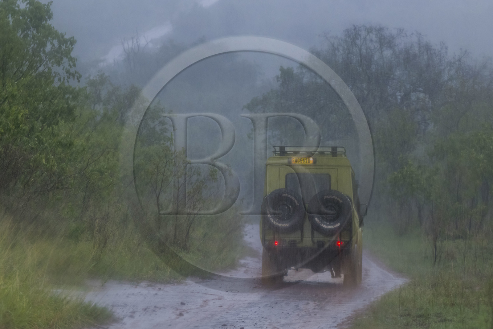 Rwanda, Akagera National Park, four-wheel drive safari on a track in the rain