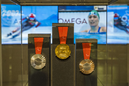 France, Paris, the Monnaie de Paris Museum, Silver, Gold and Bronze medals of the 2024 Olympic Games made by the Paris Mint