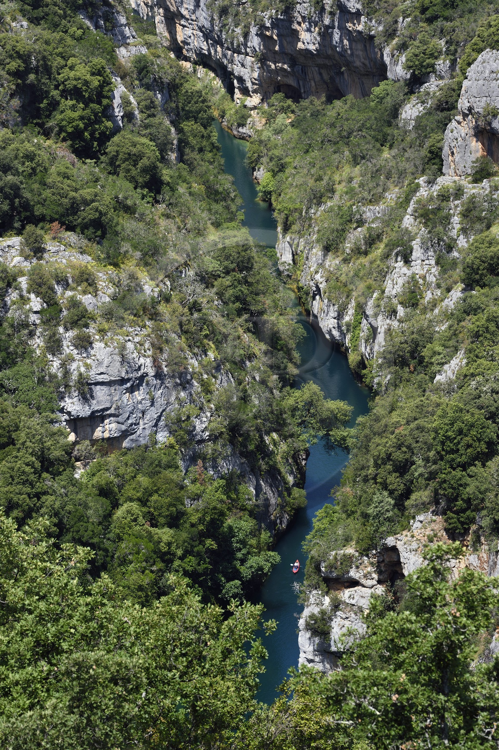 France, Var on the Left Bank and Alpes de Haute Provence on the Right Bank, Parc Naturel Regional du Verdon, Basses Gorges du Verdon downstream of Lake St. Croix, kayaks in the gorges of Baudinard