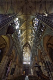 France, Moselle, Metz, Saint Etienne cathedral, the nave and the western facade with 14th century stained glass windows from Hermann of Münster with the large rosette