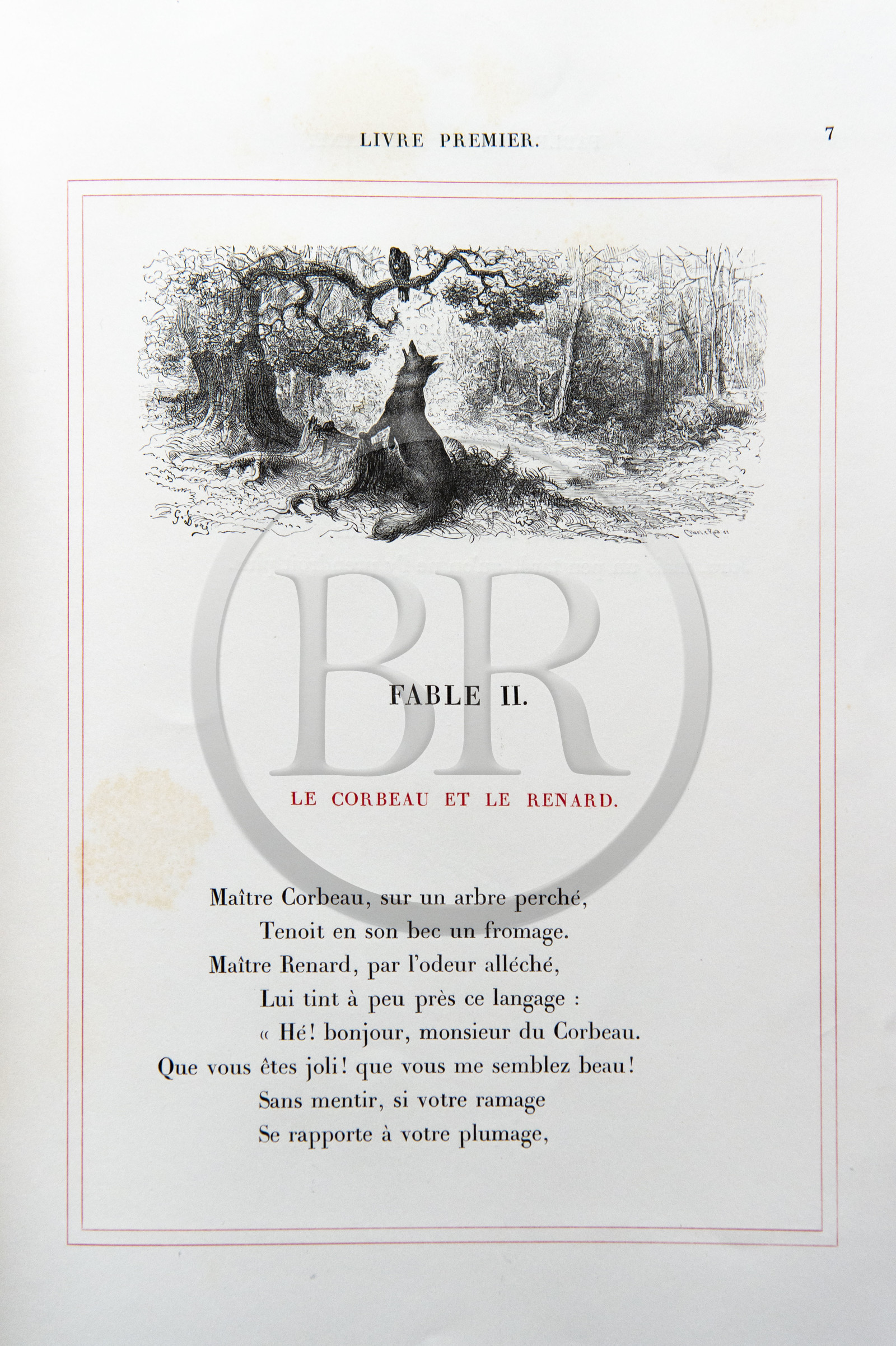 France, Aisne, Château-Thierry, Jean de La Fontaine Museum - city of Chateau-Thierry,  La Fontaine's Fables book, L. Hachette et Cie, illustrated edition (1867) by the designer and engraver Gustave Doré, The Raven and the Fox fable II from book I