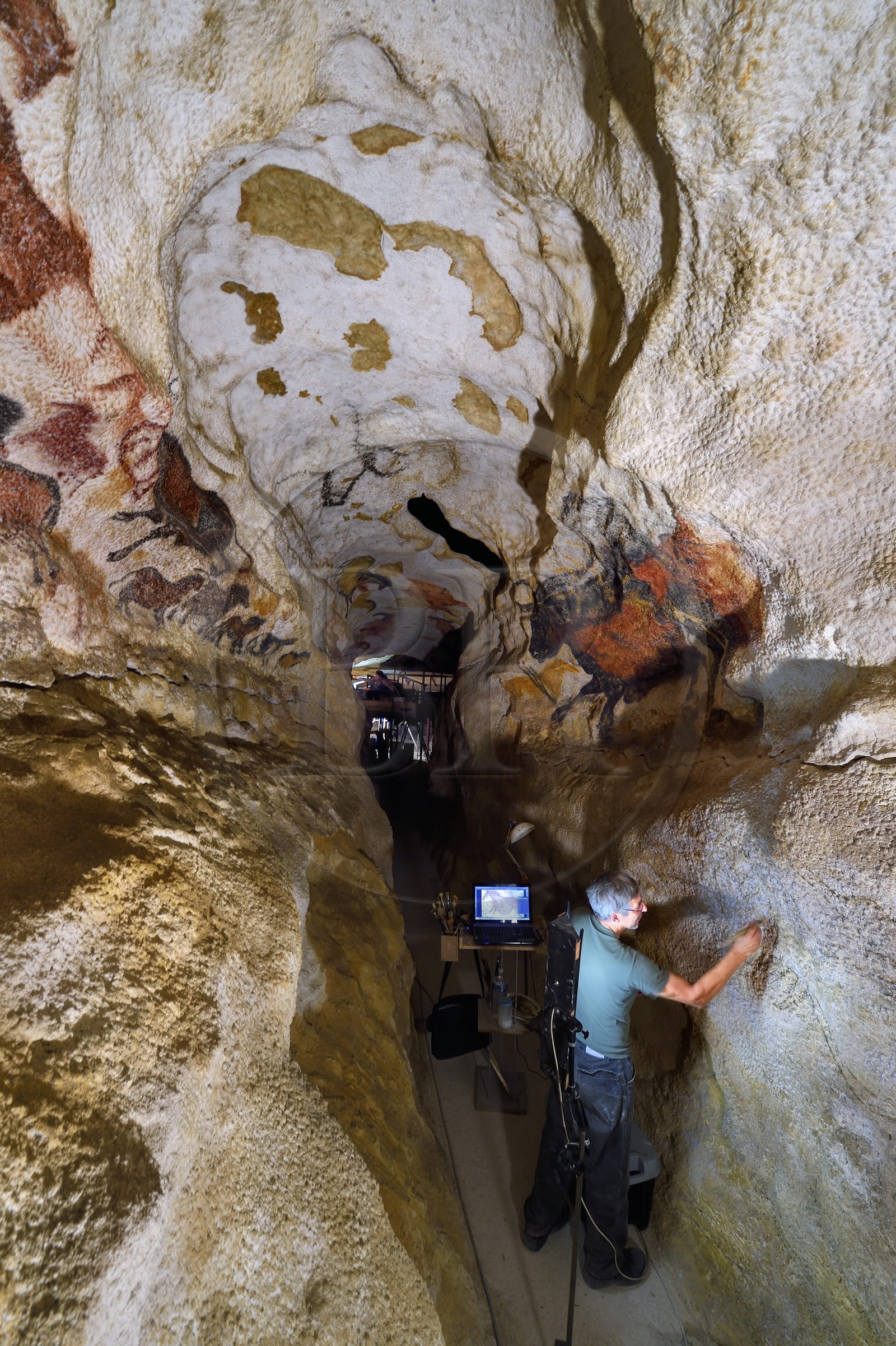 France, Dordogne, Montignac, Montignac-Lascaux Parietal Art international Centre (Lascaux 4) building site, the axial diverticulum of the reconstituted cave by the Atelier des Fac-Similés du Périgord (Perigord's Facsimile Workshop AFSP), finishing of the lower part murals by the painter Gilles Lafleur