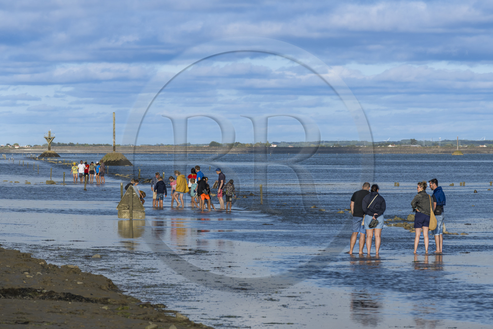 France, Vendée (85), île de Noirmoutier, Barbatre, promeneurs sur le passage du Gois à marée montante, chaussée submersible qui relie l'île au continent à marrée basse