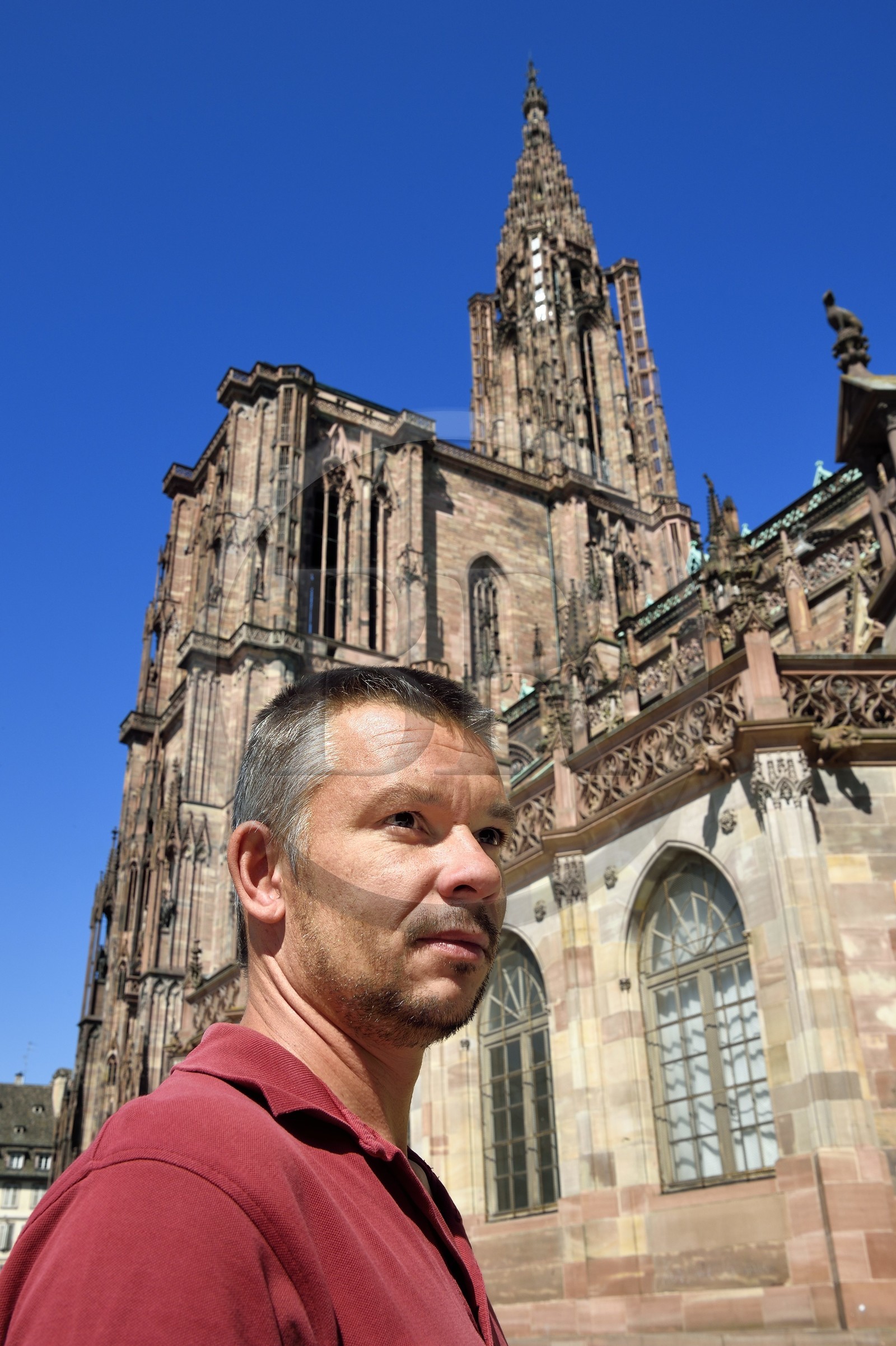 France, Bas-Rhin (67), Strasbourg, vieille ville classée au Patrimoine Mondial de l'UNESCO, la cathédrale Notre-Dame, Mathieu Baud chargé de la conservation à la Fondation de l'Oeuvre Notre-Dame est aussi restaurateur-tailleur de pierre