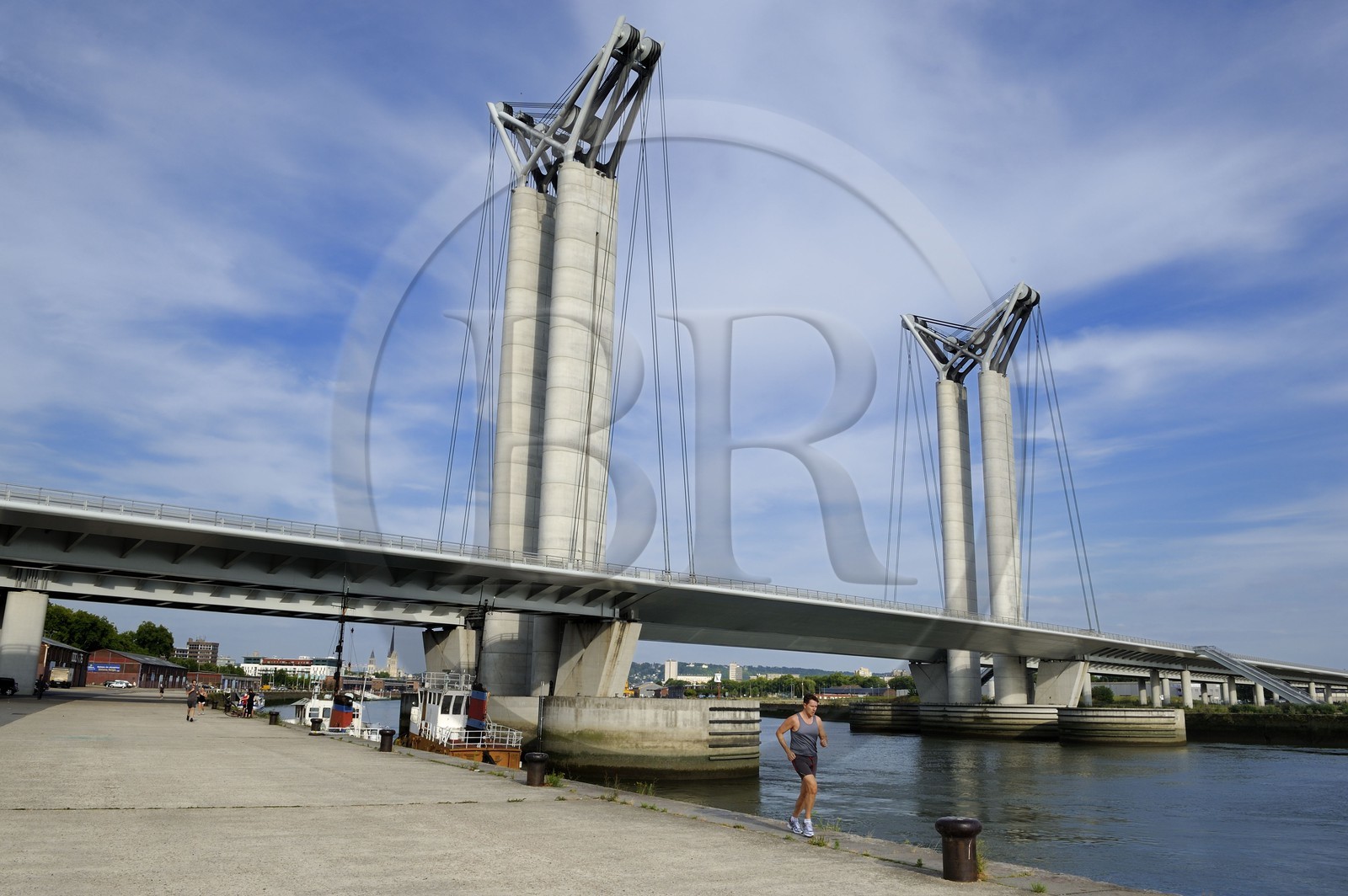 France, Seine Maritime, Rouen, Gustave Flaubert lift bridge over the Seine river and the port