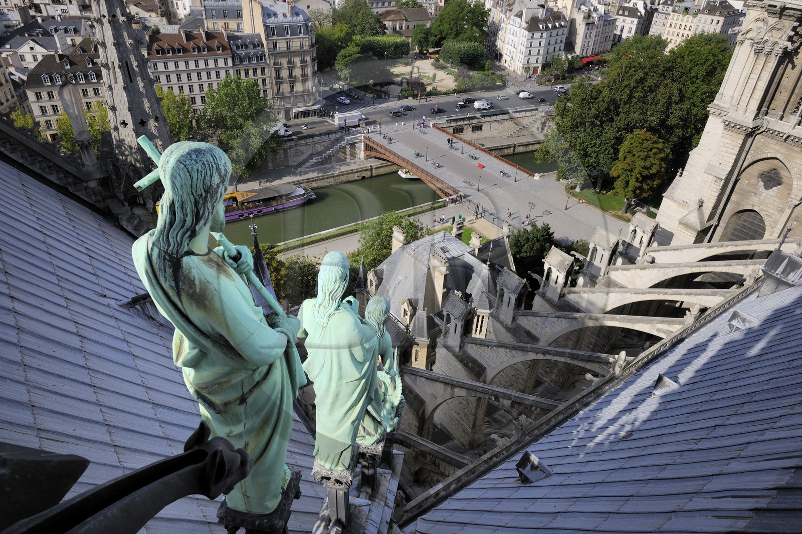 France, Paris, the Seine river banks listed as World Heritage by UNESCO, Notre-Dame Cathedral seen from the spire that dominates the statues of green copper of twelve apostles