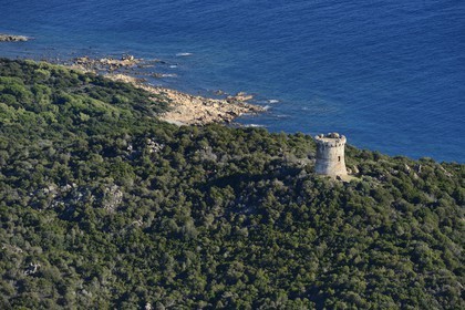 France, Corse du Sud, Coti-Chiavari, Capu Neru (Capo Nero) genoese tower (aerial view)