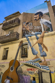 France, Hérault (34), Sète, fresque qui fait parti du MACO - Musée à ciel ouvert, peinture murale hommage à Georges Brassens et oeuvre de l'artiste sétois Maye à l'angle de la rue de la Revolution et de la rue Georges Brassens