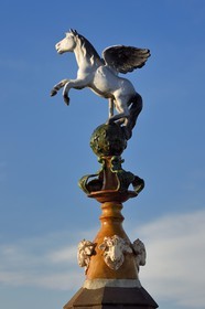 France, Calvados, Pays d'Auge, Deauville, Normandy Barriere Hotel, finial (hip-knob) representing  a winged horse, typical on the rooftops of the Pays d'Auge