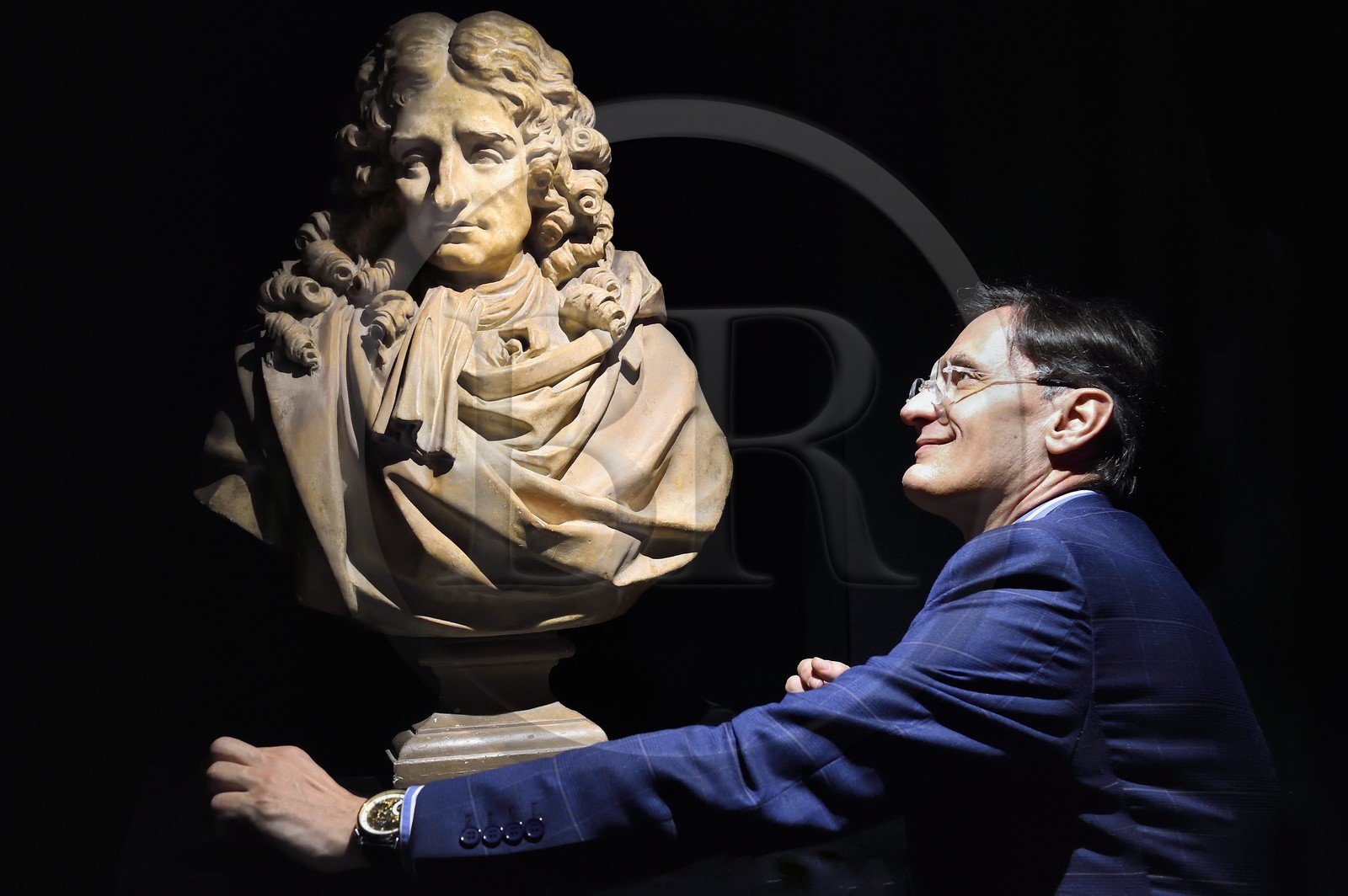 France, Aisne, Château-Thierry, Jean de La Fontaine Museum - city of Chateau-Thierry, Bust (patinated plaster) of Jean de La Fontaine by sculptor Louis Pierre Deseine and the director of the museum pole Nicolas Rousseau