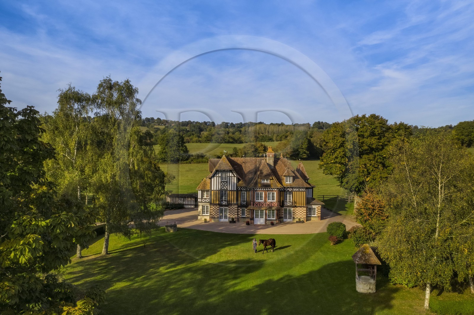 France, Calvados, Pays d'Auge, Beuvron en Auge, labelled Les Plus Beaux Villages de France (The Most Beautiful Villages of France), Manor of the Haras de Sens, the horse Gold de Padd (son of the stallion Ready Cash) held by stud groom Dominique Blachet (aerial view)