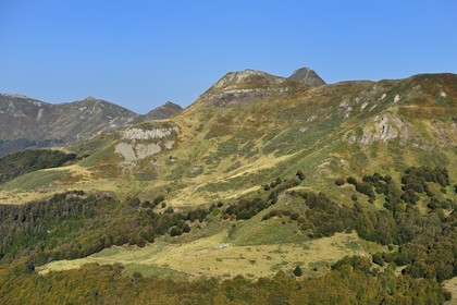 France, Cantal, Parc Naturel Régional des Volcans d'Auvergne (regional nature park of Auvergne volcanoes),  Le Lioran, from the col de Rombiere on the Way of St. James to Santiago de Compostela by Via Arverna, the Four de Peyre Arse and the Puy Mary mountain top in the background