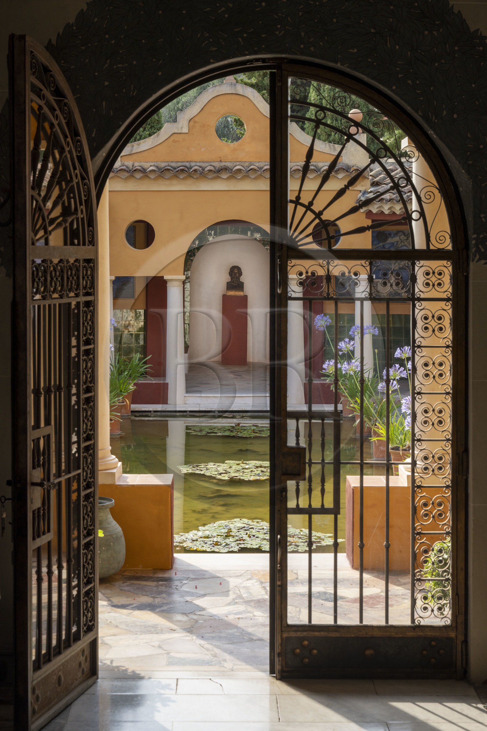 France, Alpes-Maritimes, Menton, Domaine des Colombieres, the Colombières villa is entirely designed as a work of art by Ferdinand Bac, the patio and its basin