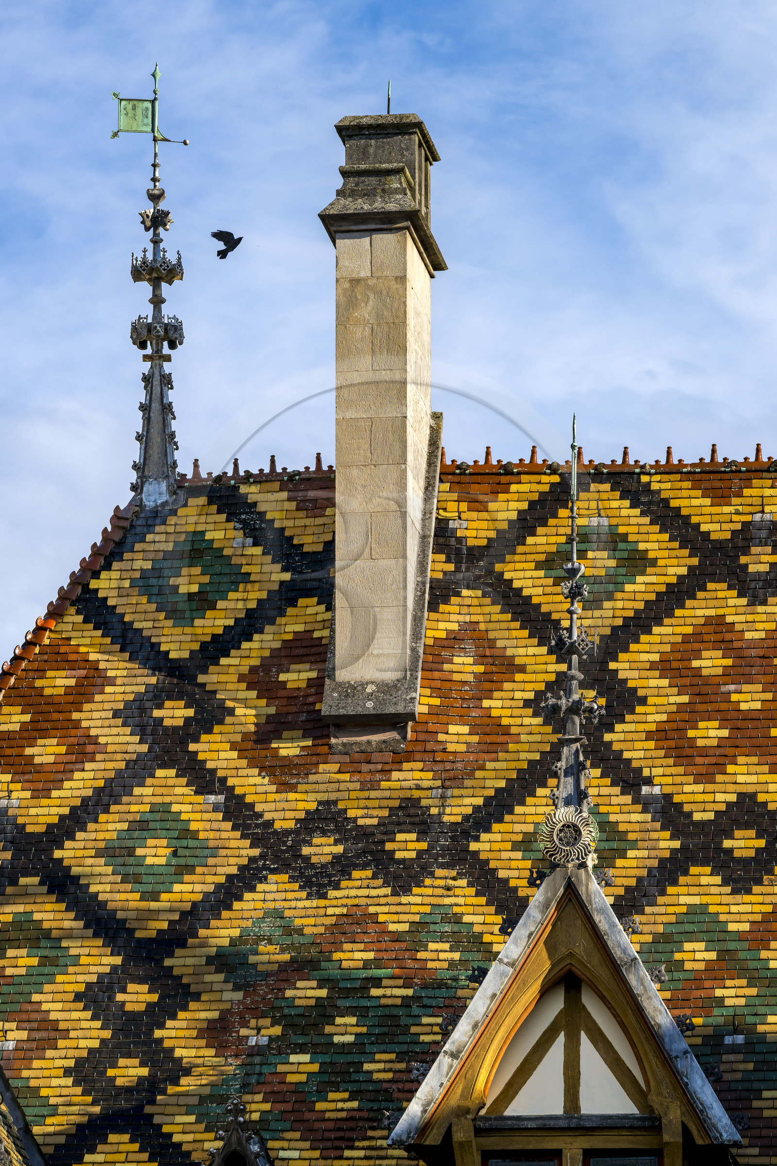 France, Cote d'Or, Beaune, area listed as World Heritage by UNESCO, Hospices de Beaune, Hotel Dieu, the roofs covered with glazed and colored tiles
