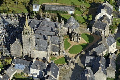 France, Finistere, Guimiliau, the church and the calvary in the Parish close (enclos paroissial) (aerial view)