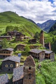 Georgia, Kakheti, Tusheti National Park, Alazani River Valley in the mountains of Pirikiti, village of Dartlo overlooked by Kvavlo (aerial view)