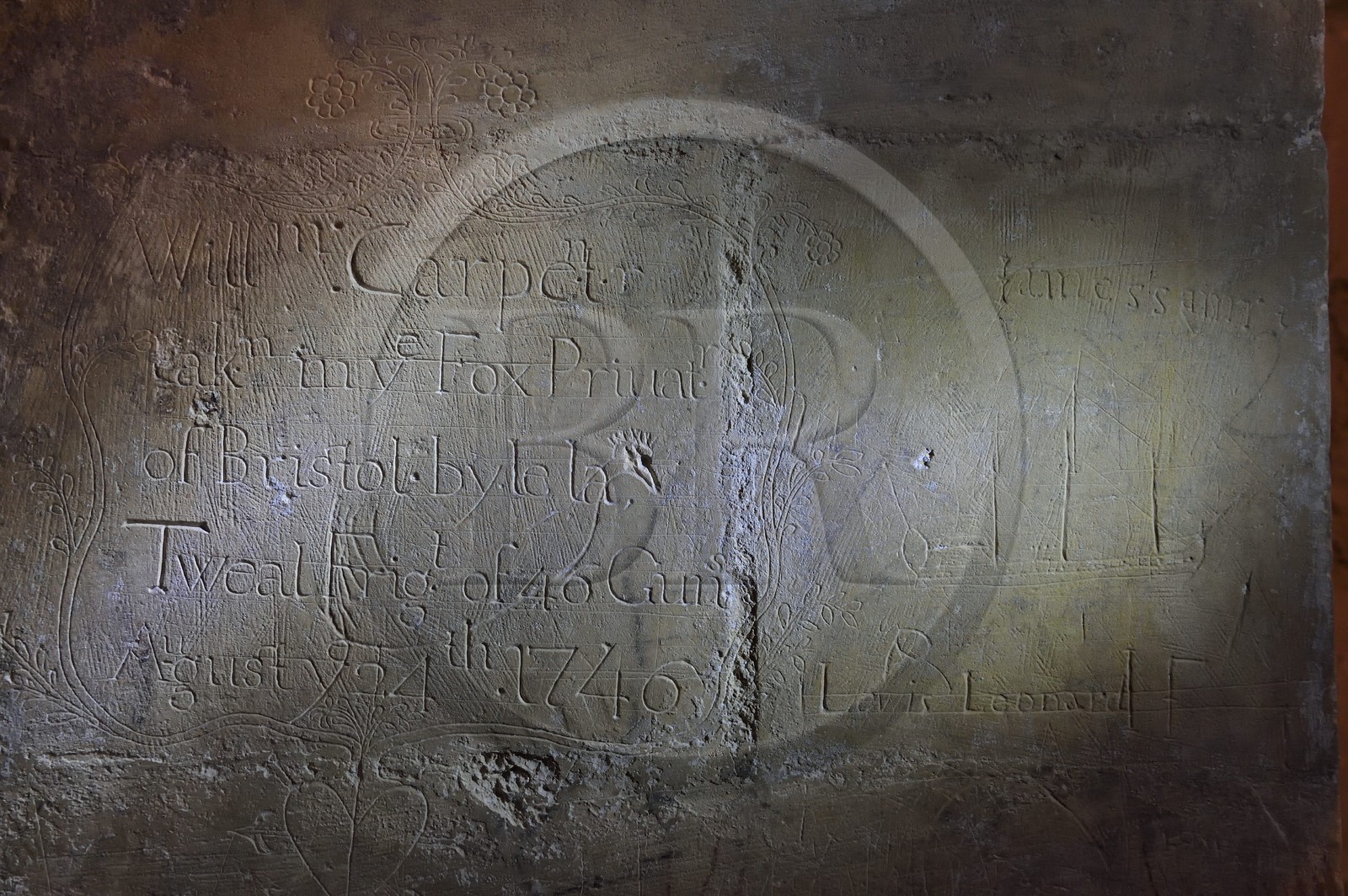 France, Charente-Maritime (17), La Rochelle, la Porte Royale construite entre 1706 et 1723, graffitis de prisonniers anglais dans la salle de garde