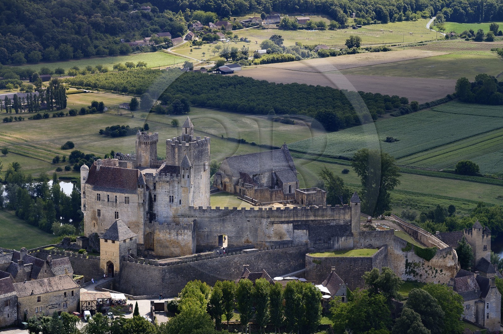 France, Dordogne, Perigord Noir, Dordogne Valley, Beynac et Cazenac, labelled Les Plus Beaux Villages de France (The Most Beautiful villages of France), medieval castle on a cliff above the Dordogne valley (aerial view)
