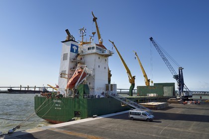 France, Charente-Maritime (17), La Rochelle, le Port Atlantique La Rochelle, port de commerce, déchargement d'un cargo sur les quais dépendant de la société Sica Atlantique, le pont de l'Ile de Ré en arrière plan