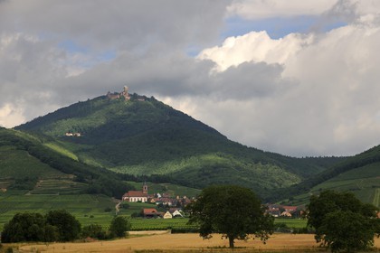 France, Bas Rhin, Alsace Wine Road, Haut Koenigsbourg Castle and the village of Orschwiller