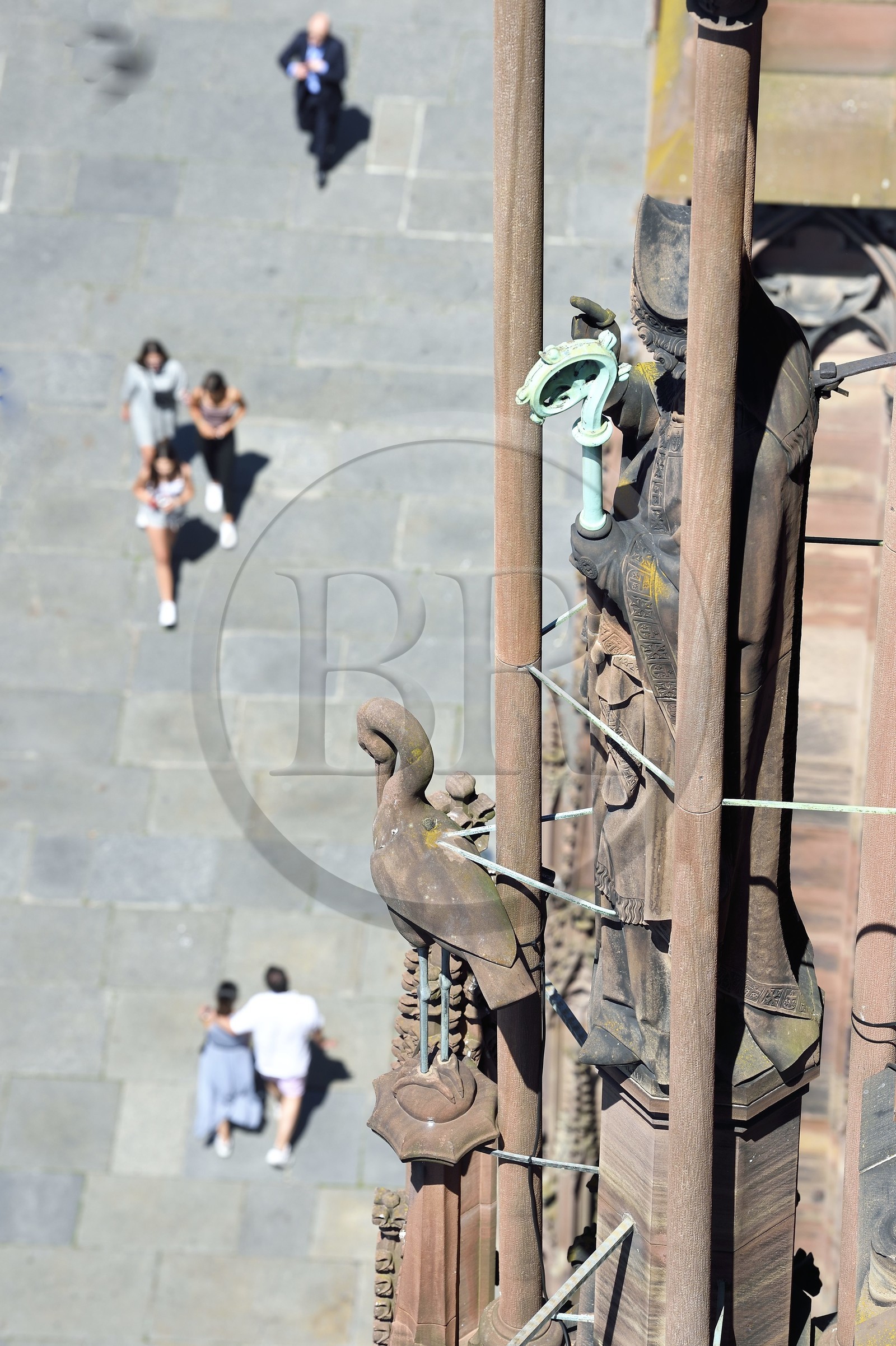 France, Bas-Rhin (67), Strasbourg, vieille ville classée au Patrimoine Mondial de l'UNESCO, la cathédrale Notre-Dame, la facade occidentale, une cigogne et un évèque surplombant la place
