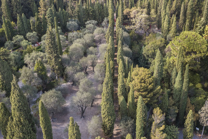 France, Alpes-Maritimes (06), Menton, le jardin du Domaine des Colombieres, vue sur la ville depuis le domaine (vue aérienne)