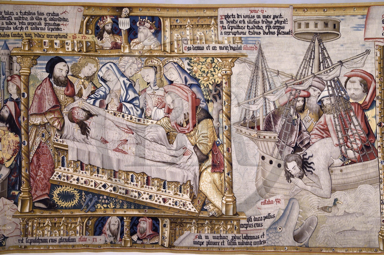 France, Haute-Loire (43), Parc naturel régional Livradois-Forez, La Chaise-Dieu, abbatiale Saint-Robert, tapisseries de la tenture de chœur, ensemble des 14 tapisseries flamandes réalisées au XVIe siècle retraçant des récits bibliques issus de l'Ancien et du Nouveau Testament, Mise au Tombeau du Christ à gauche et Jonas jeté à la mer puis englouti par un monstre marin France, Haute Loire, Livradois Forez Regional Natural Park (Parc naturel régional Livradois-Forez), the Chaise-Dieu abbey, tapestries of the choir curtain, set of 14 Flemish tapestries made in the 16th century depicting biblical stories from the Old and New Testaments, Entombment of Christ on the left and Jonah thrown into the sea then swallowed up by a sea monster