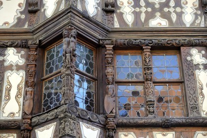 France, Bas Rhin, Saverne, detail of the facade of the Maison Katz from the 17th century, carved corner bow window