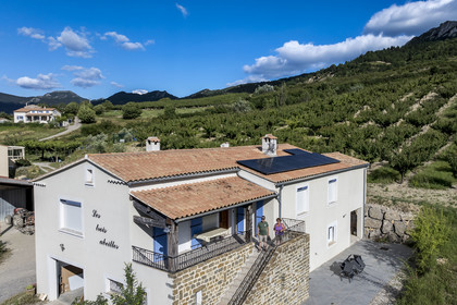 France, Drôme (26), parc naturel régional des Baronnies provençales, Bésignan, vallée de l’Ennuye, culture de l'abricot (vue aérienne)