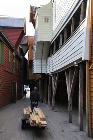Norvège, comté de Hordaland, Bergen, maisons en bois du quartier de Bryggen, classé Patrimoine Mondial de l'UNESCO, ancien comptoir de la ligue hanséatique (la Hanse)