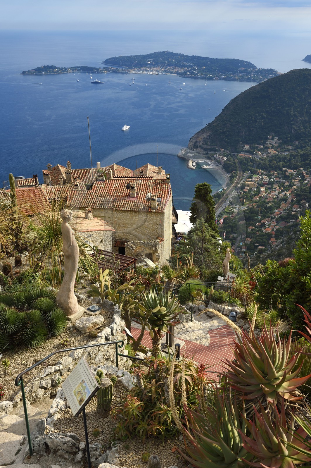 France, Alpes-Maritimes, the hilltop village of Eze and its Exotic Garden, Saint-Jean-Cap-Ferrat in the background