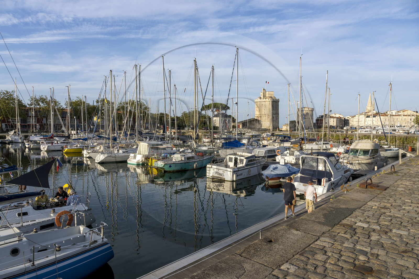 France, Charente Maritime, La Rochelle, the Old Port water basin in the foreground, the Saint-Nicolas Tower, the Chain Tower and the Lantern Tower in the background